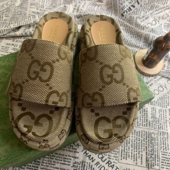 Gucci Angelina GG Platform Slides Tan Sandal Original Logo - Picture 1 of 6